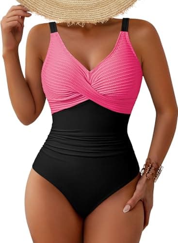 Pink Queen Womens Swimsuits One Piece Patchwork Bathing Suit Classy Tummy Control Twist Front Swimwear Pink M - Image 1