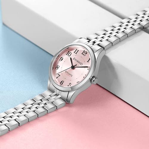 KNISKRED Easy Reader Watch for Women with Solid Stainless Steel Band Ladies Dress Watch Water Resistant (Silver Pink) - Thumbnail 4