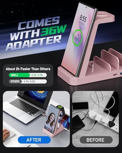 5 in 1 Wireless Charger for Samsung, Wireless Charging Station for Multiple Devices, Fast Charger Stand for Samsung Galaxy S25 Ultra S24 S23 S22 S20 Note 20 10 Z Fold 7 6 Galaxy Watch 7 6 5 Buds, Pink - Thumbnail 3