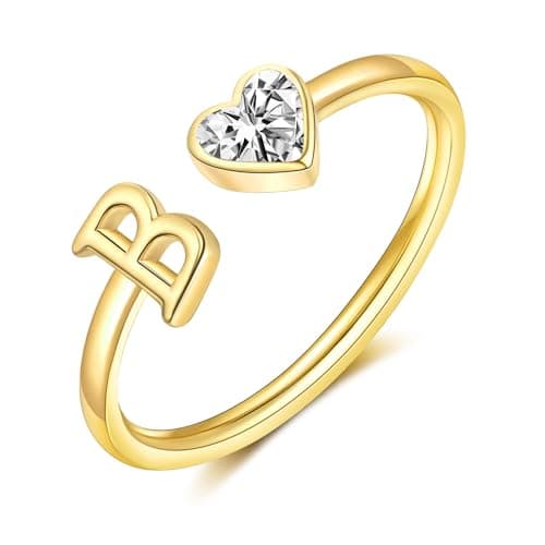 Easter Basket Stuffers-Initial Rings for Women Teen 14K Gold Plated Birthstone Rings Stackable Dainty Letter Rings Christmas Birthday Birthstone Jewelry Gifts for Mother Daughter,Adjustable Size - Image 1