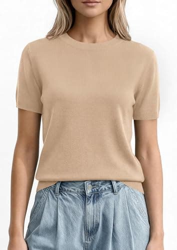 PRETTYGARDEN Women's Short Sleeve Sweaters 2026 Spring Crew Neck Knit Work Shirts Business Casual Tops Summer Fashion Clothes (Beige,Large) - Thumbnail 2