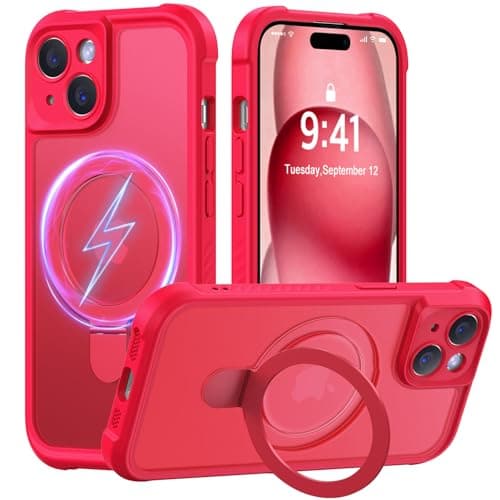 MOCCA Design for iPhone 15 Case with Magnetic Invisible Stand [Full Camera Protection] [Compatible with Magsafe] Military Drop Shockproof Translucent Matte Phone Case Cover 6.1",Red - Image 1