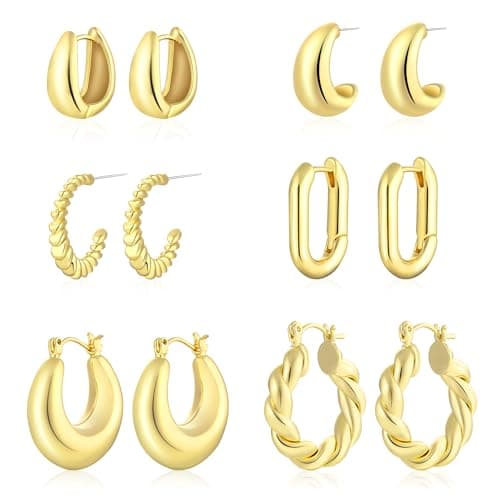 ALLHOLA 6 Pairs 14K Gold Plated Hoop Earrings for Women Trendy Chunky Lightweight Hoop Earrings Multipack Hypoallergenic, Thick Twisted Huggie Hoops Earring Set Jewelry for Gifts (14K Gold Plated) - Image 1
