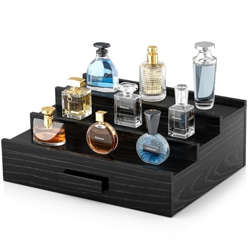 Hrbjunuo Solid Walnut Cologne Organizer for Men,3 Tier Cologne Stand,Wooden Cologne Holder Display Shelf with Drawer Storage and Hidden Compartment,Black Perfume Stand Organizer,Gifts for Men Husband - Image 1