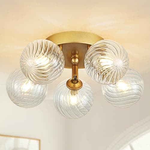 brfaixla Gold Ceiling Bubble Light Fixture Modern 5 Lights Swirled Clear Ribbed Blown Glass Ball Chandelier Semi Flush Mount Lighting Dia 12.6" for Hallway Entryway Kitchen Dining Room
