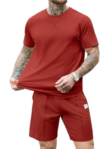JEMLDL Men's 2 Piece Outfit Summer Set Loungewear Comfortable Home Short Sleeve Shirt & Shorts Casual Sweatsuit Red XXL - Image 1