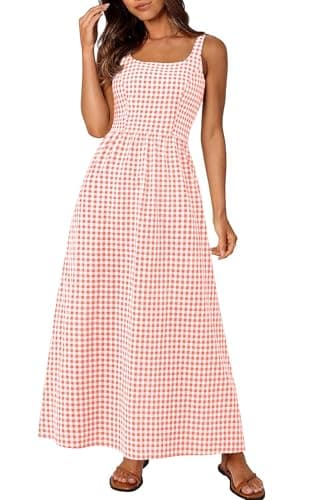 PRETTYGARDEN Women's 2026 Summer Spaghetti Strap Maxi Dresses Plaid Square Neck A Line Casual Beach Vacation Long Sundress (Pink,Medium) - Image 1