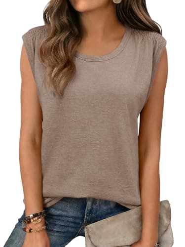 Tankaneo Womens Sleeveless Tank Tops Pleated Summer Scoop Neck Shirred Tops Dressy Casual Loose Fit Basic Tee Shirts Khaki - Image 1