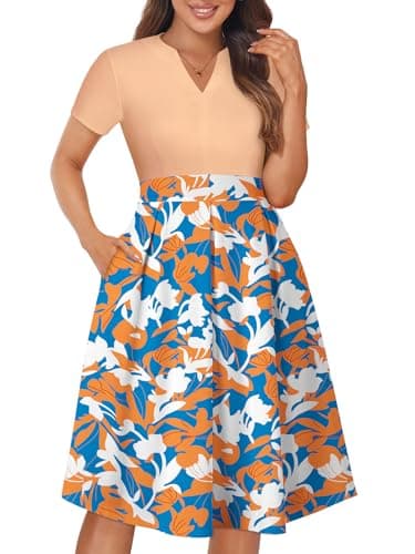 YATHON Womens 2026 Summer Short Sleeve Casual Dress Fit and Flare V Neck Church Wedding Guest Work Dresses with Pockets(YT228-Blue Orange P1,XL) - Image 1