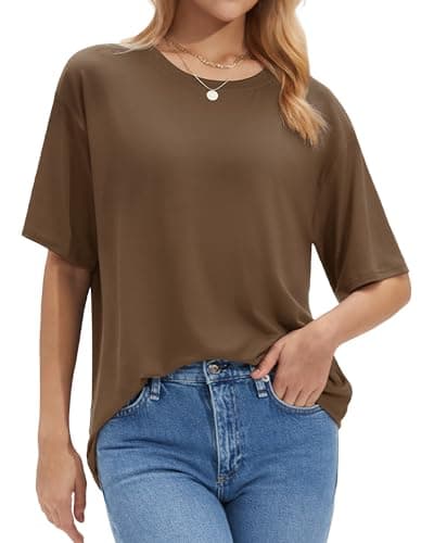 Stelle T Shirts for Women Crew Neck Short Sleeve Summer Tops Loose Fit Soft Basic Tee Shirt Mocha Small - Image 1