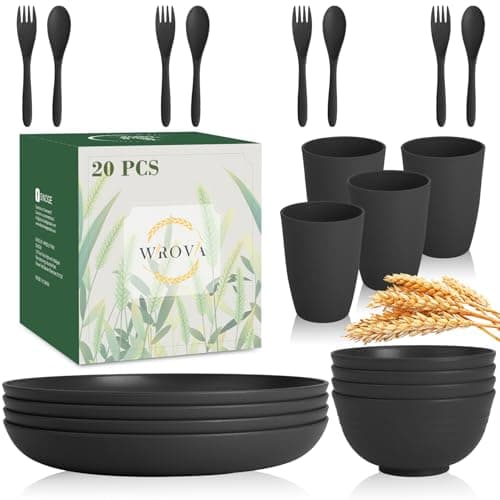 Wrova Wheat Straw Dinnerware Sets of 20,Alternative to Melamine dinnerware sets with Flatwares Dishwasher Safe,Lightweight and Unbreakable Camping Dishes for R.V.(Black) - Image 1