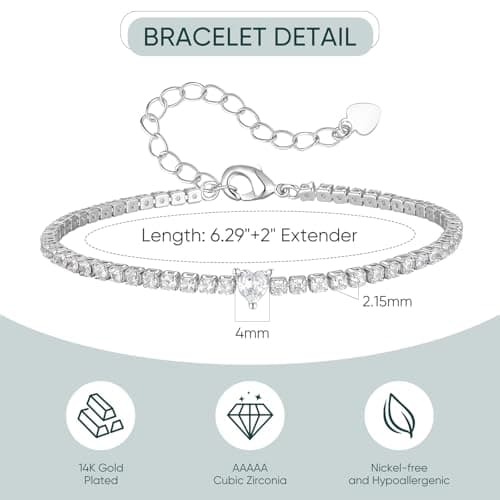 Goxygen Heart Tennis Bracelet for Women - 14K Gold Plated Heart Cubic Zirconia Link Bracelet, Dainty Adjustable Gold Chain, Trendy Stacking Anniversary Birthday Valentine’s Day Jewelry Gift for Her Girfriend Daughter (silver) - Thumbnail 4