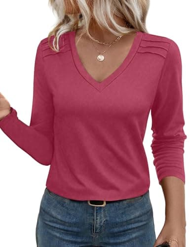 JUSTFASHIONNOW Pleated Long Sleeve Shirts for Women V Neck Dressy Casual Business Blouses Fall Tops 2025 Trendy(Red,XX-Large) - Image 1