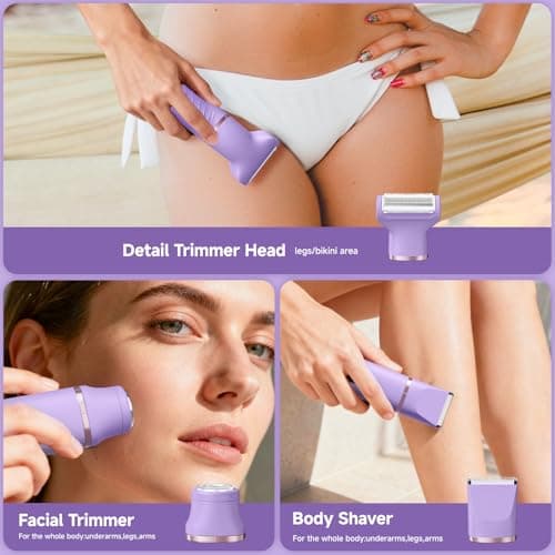 Bikini Trimmer for Women, Tiovara Painless Electric Razors Shaver IPX7 Waterproof Cordless Body Hair Trimmer Pubic Hair Removal with USB Charge Dock for Underarm Leg Arm Body Face Silk Skin (Lilac) - Thumbnail 5
