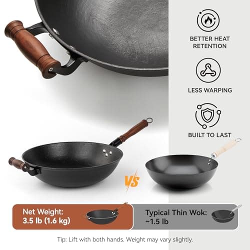 WANGYUANJI Cast Iron Wok Pan with Lid (12.6 Inch) - Handcrafted Flat Bottom Chinese Stir Fry Skillet for Induction, Electric & Gas - Walnut Wood Handle, No Coating - Thumbnail 4