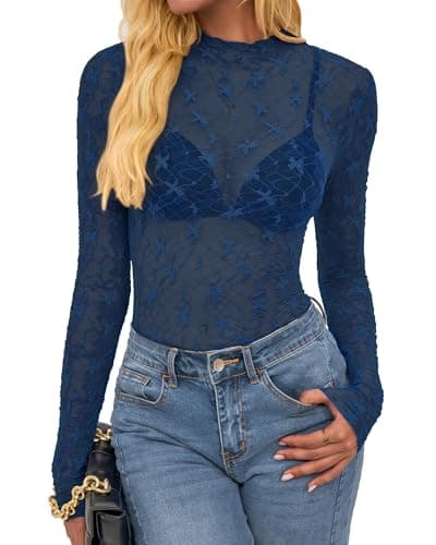 BTFBM Womens Tops Mesh Lace Long Sleeve Tops for Women 2026 Spring Fall Sexy Sheer See Through Tight Party Club Outfits(Dark Blue, X-Large) - Image 1