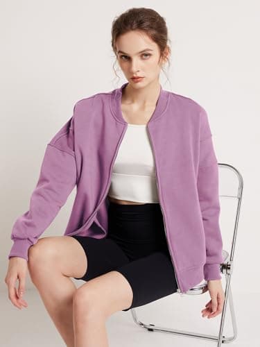 GEMLON Womens Zip Up Sweatshirts Jackets Long Sleeve Casual Loose Outwear with Pockets Purple L - Thumbnail 6