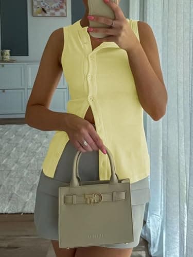 Cicy Bell Womens Button Down Tank Tops Summer Sleeveless Vest Tops Trendy Ribbed Fitted Going Out Shirts Light Yellow - Thumbnail 6