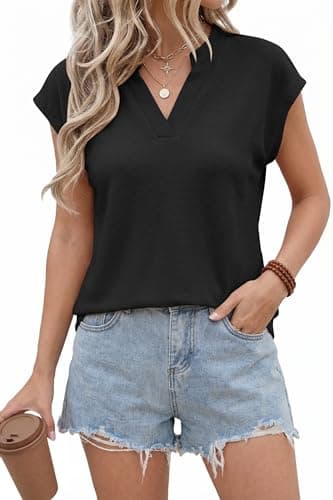 AUMORA Womens Waffle Knit V Neck Cap Sleeve T Shirts Summer Casual Solid Color Basic Tops for Women Black - Image 1