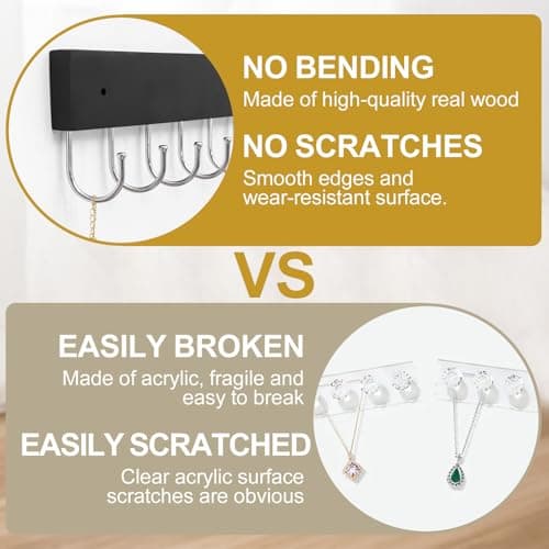 Dntorx Hanging Jewelry Organizer, 2 Pack Black Necklace Holder for Wall Wooden Necklace Organizers Hangers Wall Mount with 24 Hooks Jewelry Display Hanger for Necklaces, Bracelets, Earrings, Keys - Thumbnail 4