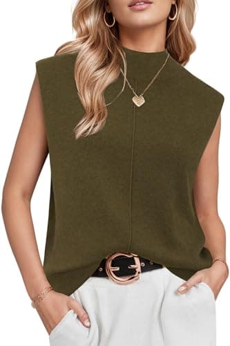Arach&Cloz Womens Spring 2026 Sweater Vest Business Casual Outfits Work Tank Tops Mock Neck Sleeveless Turtleneck Cashmere Knit Dressy Clothes Green - Image 1