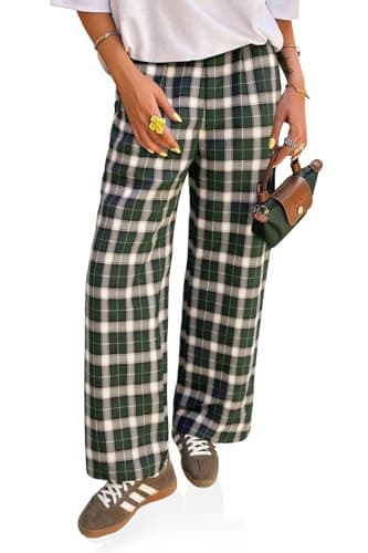 Cicy Bell Womens Wide Leg Plaid Pants Checkered Business Casual Trousers High Wiasted Baggy Palazzo Pants Deep Green - Image 1
