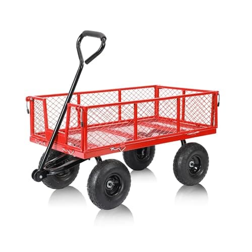 SUNNYFEEL 500 Lbs Capacity Heavy Duty Mesh Steel Garden Cart,Folding Utility Wagon with Removable Sides,10 Inch Flat Free Tires, Red - Image 1