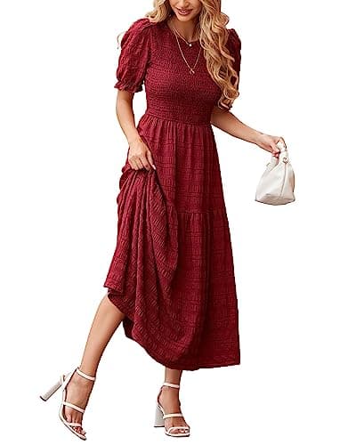 dowerme Womens Summer Dresses 2026 Casual Puff Short Sleeve Crewneck Smocked Flowy Ruffle Boho Beach Party Maxi Sundress(Wine Red,Medium) - Image 1