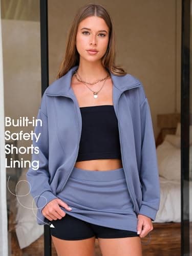 EXLURA Women 2 Piece Skirt Sets Airport Outfits Zip Up Sweatshirt Matching Skorts Tennis Sweatsuits Travel Tracksuit 2026 - Thumbnail 4