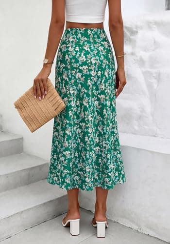 BTFBM Satin Skirts for Women Trendy Spring Summer 2026 High Waisted Leopard Print Cocktail Wedding Long Silk Midi Skirt(Floral Green White, X-Large) - Thumbnail 3