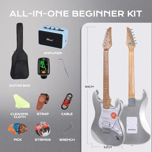 Bullstar Solid Body Electric Guitar Kit -39in Starter Guitar Kit with Metallic finish, Guitar Case, Amplifier Gig Bag, Strings, Strap, Cable, Picks(Silver) - Thumbnail 4