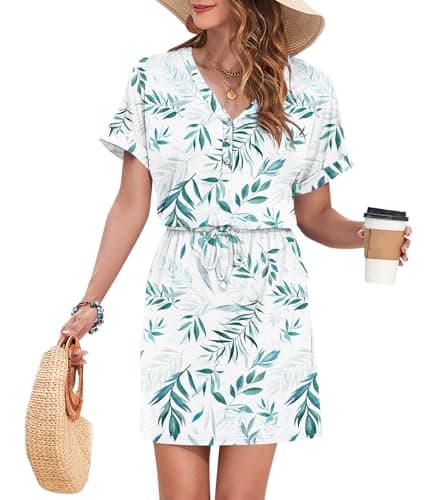 AUSELILY Womens Summer Dress 2025 Casual Short Sleeve Sundress V Neck Tie Button Beach Swing Dresses with Pockets, White Willow Leaf XL