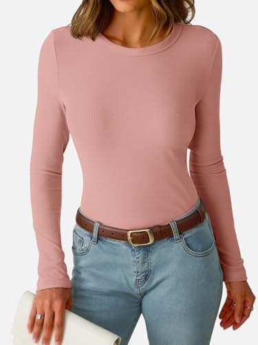 GKBK Womens Long Sleeve Ribbed Tops Slim Fitted Tight Basic T-Shirts Crewneck Cute Layering Lightweight Fall Sweaters 2026 Fashion Outfits Light Pink - Thumbnail 3