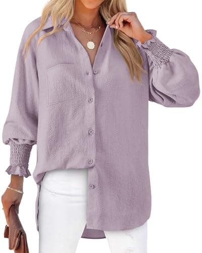 Bellcoco Women's Button Down Shirts Puff Sleeve Oversized Blouses Boyfriends Loose Tunics Casual Work Tops with Pocket（Grey Pink Shirt M - Image 1