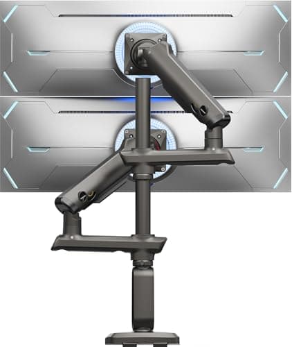 HUANUO Dual Monitor Arm for 13-49" Ultrawide Screens up to 40 lbs, Heavy Duty Aluminum Extra Tall Monitor Desk Mount, Vertical Stacked Fully Adjustable Dual Monitor Mount, Max VESA 100x100 - Image 1