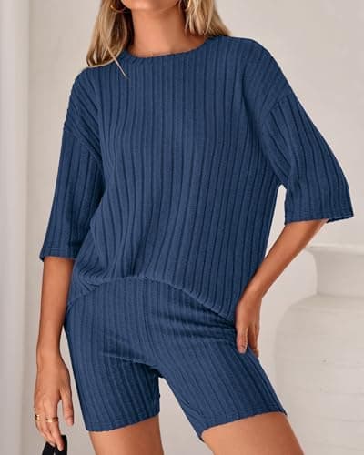 KIRUNDO Short Sets For Women Summer 2 Piece Matching Lounge Sets Casual Rib Knit Tshirts Biker Shorts Beach Vacation Outfits (Blue, X-Large) - Thumbnail 4