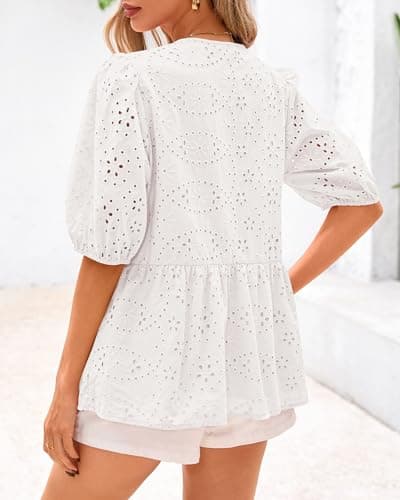 KIRUNDO Peplum Tops for Women 2026 Summer Eyelet Tie Front Blouses Casual Short Lantern Sleeve Cute Y2K Lace Babydoll Shirts(White, XX-Large) - Thumbnail 2