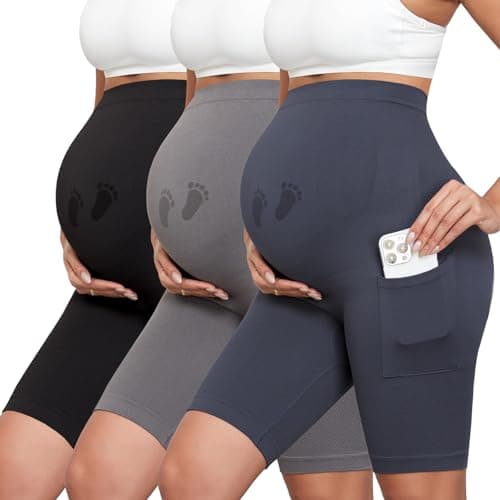 Y25D Maternity Biker Shorts with Pockets 8" Over Belly Seamless Athletic Yoga Workout Running Lounge Shorts - Image 1