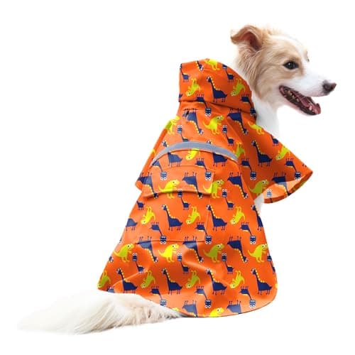 NACOCO Large Dog Raincoat Adjustable - Pet Dinosaurs Water Proof Clothes Lightweight Rain Jacket Poncho Hoodies with Strip Reflective Blue (XL, Orange Dinosaur) - Image 1