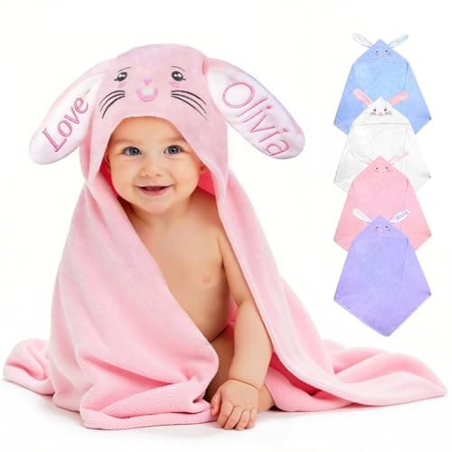 Individz Custom Hooded Bath Towel with Name, Personalized Highly Absorbent Bunny Towels, Baby Bath Towels for Girls Boys, Brithday Easter Gifts for Baby, Toddler, Newborn, Infant (Pink) - Image 1