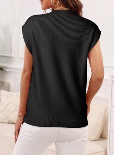 Dokotoo Early Spring Fashion Teacher Outfits for Women Casual Crewneck Sweater Vest Tops Lightweight Cap Sleeve Ribbed Knit Sweaters for Women Solid Loose Tank Tops Shirts Womens Clothes Black Small - Thumbnail 2