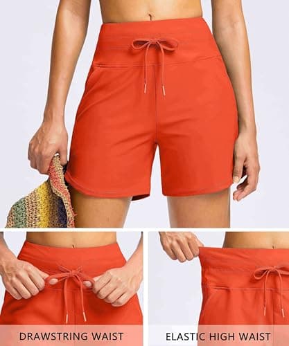 Viodia Women's 5" High Waisted Swim Board Shorts Quick Dry Beach Shorts with Pockets UPF 50+ Swimsuit Bottoms with Liner Orange L - Thumbnail 4