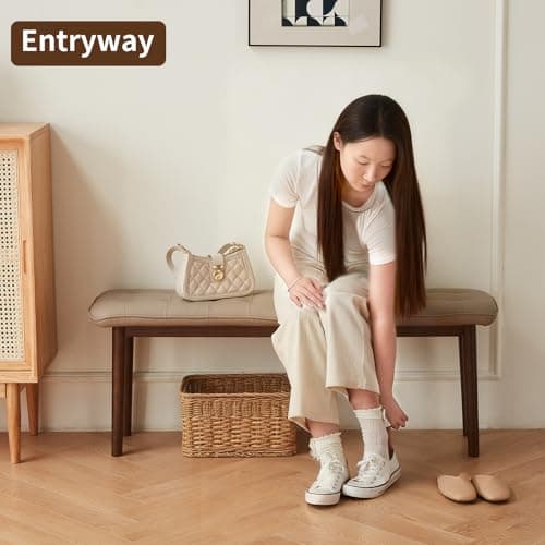 Jimenuco 47'' Solid Wood Dining Bench with Cushion, Faux Leather Upholstered Bench for Dining Room Table, Kitchen, Entryway, or Bedroom End of Bed, Beige - Thumbnail 2