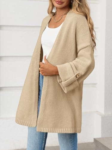 Saodimallsu Womens Oversized Long Cardigan Sweaters Casual Open Front Chunky Knit Slouchy Fall Trendy Sweater Coats Khaki - Thumbnail 4