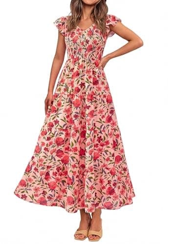 PRETTYGARDEN Women's Summer Flowy Maxi Dress Casual Cap Sleeve V Neck Smocked Beach Sundress (Floral Orange Pink Red,XX-Large) - Image 1