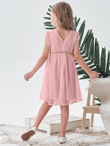 ALLOVIN Toddler and Girls Vintage Boho A-Line Lace Dress with Belt Pom Pom Trim Birthday Party Dress | Pink | 6-7Y - Thumbnail 2
