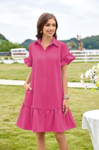 Women's Summer Dresses Casual V Neck Button Down 3/4 Sleeve Floral Print Loose Flowy Shirt Dress 06 Rose Red L - Thumbnail 5