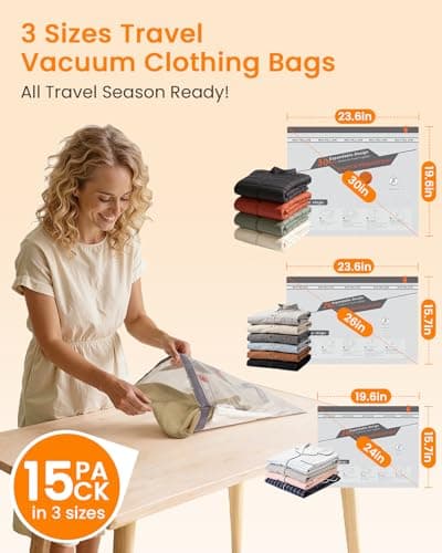 Vacuum Seal Bags for Clothing Travel with Rechargeable Cordless Pump, 15 Pack Compression Space Saver Bags for Packing, Luggage and Seasonal Storage - Thumbnail 2