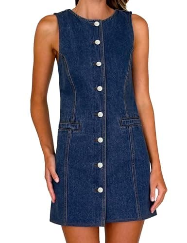 Nitzana Women's Denim Dress Jean Sleeveless Button Down Shirt Mini Tank Casual Summer Dresses with Pocket 2026 Trendy Western Outfits Dark Blue - Image 1