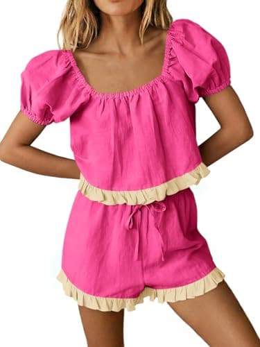 Tankaneo Womens 2 Piece Short Sets Summer Puff Sleeve Square Neck Babydoll Tops Cute Lounge Set Cotton Vacation Outfits - Image 1
